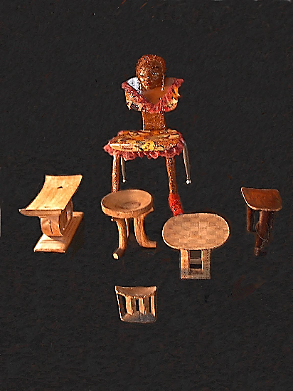 Sculptural Chair, Stools, and Headrest
